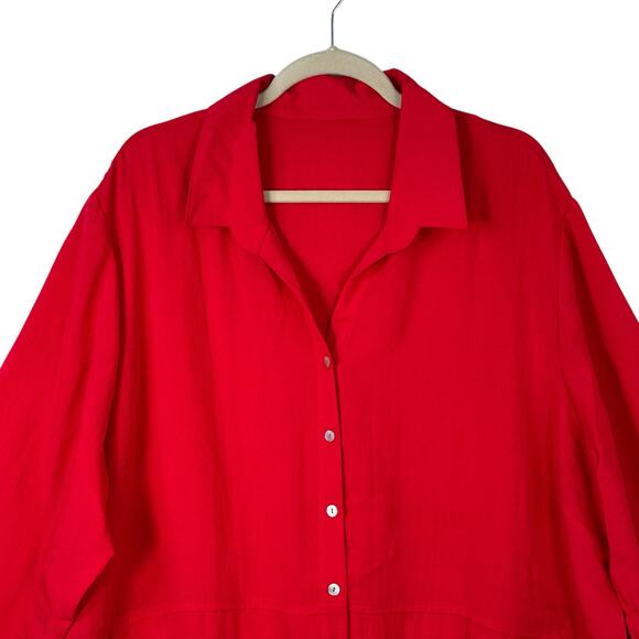 Fridaze Linen Tunic Top Womens Size 2XL Button Up Red Wrinkle Free Pockets L/S - Picture 2 of 11